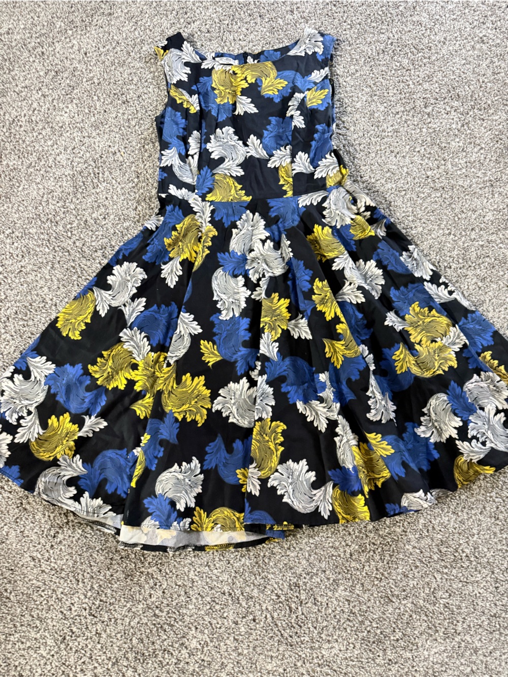 Sleeveless Black Midi Dress with Blue, Yellow and White Floral Motif